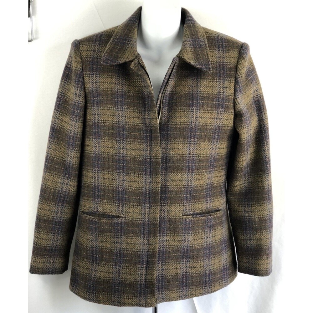 Vintage Wool Jacket Barn Coat 8 Brown/Purple Plaid Zip Pockets academia Preppy